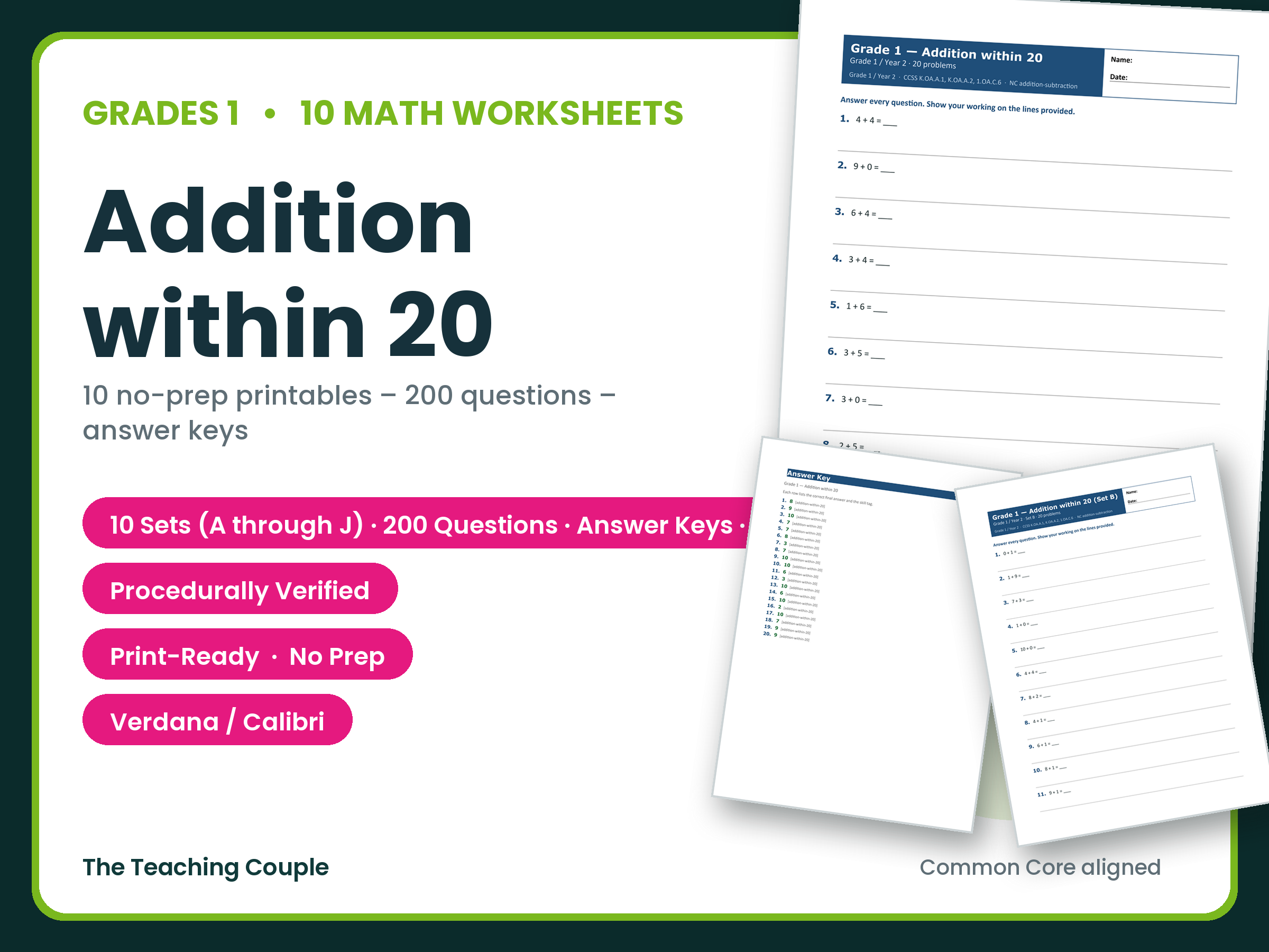 10 Math Worksheets | Grade 1 | Addition within 20 | 200 Questions